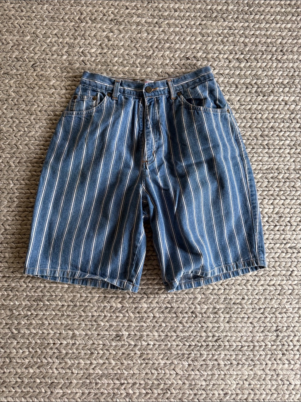 Vintage Blue and White High Waist Striped Denim Shorts